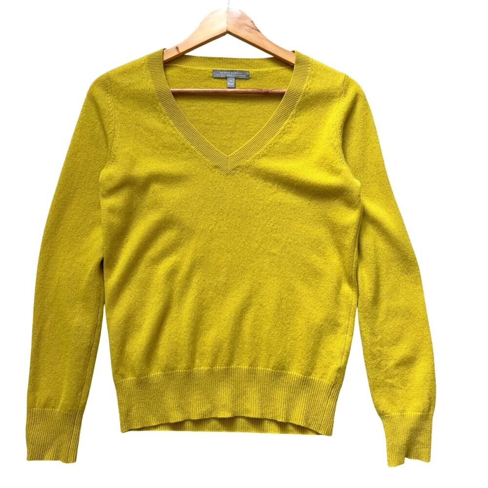 Neiman Marcus 100% Cashmere Womens V-neck Sweater Size S Yellow Basic